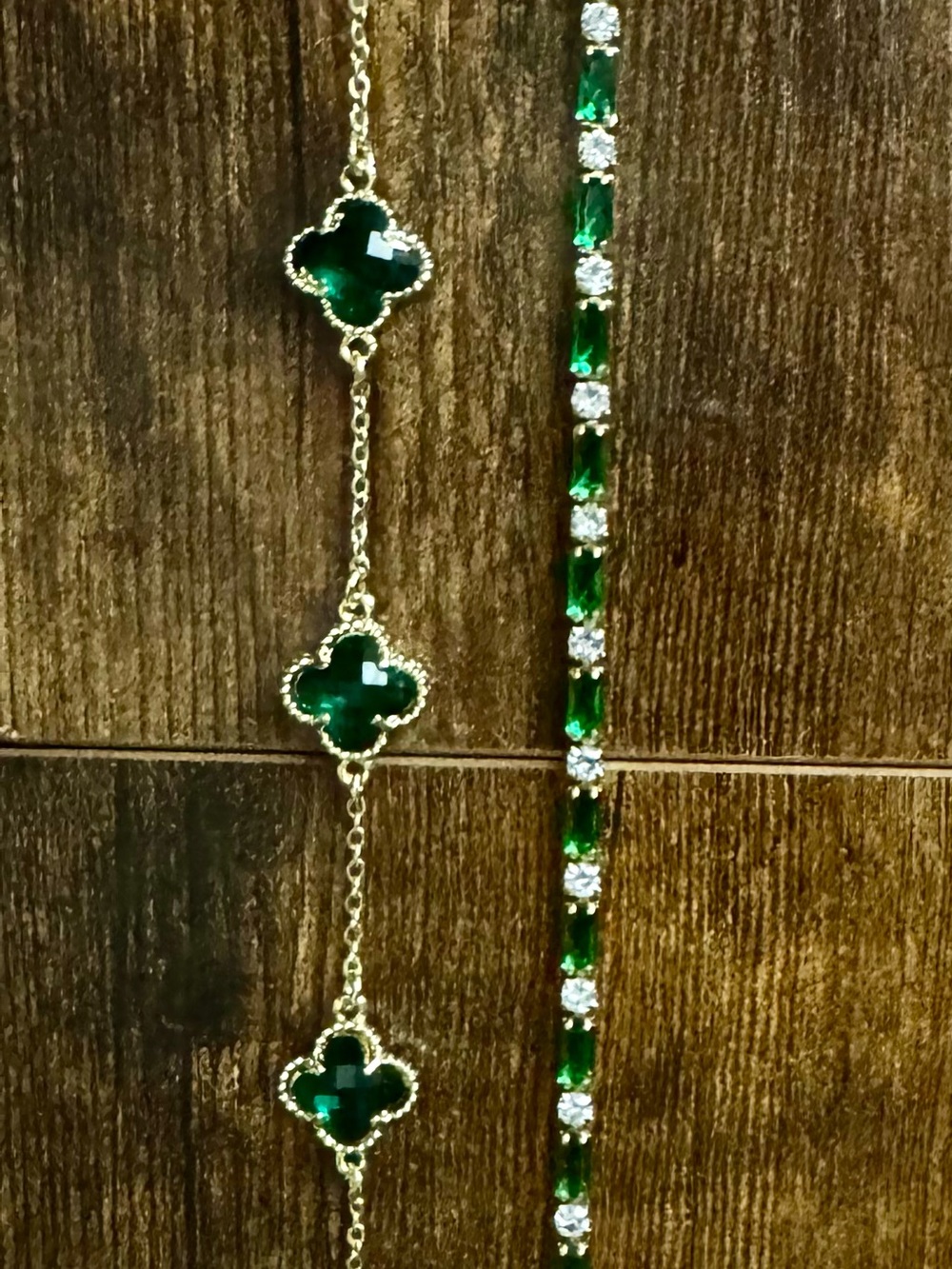 Gold-Tone Green Clover Station Necklace and Green Crystal Tennis Bracelet Set
